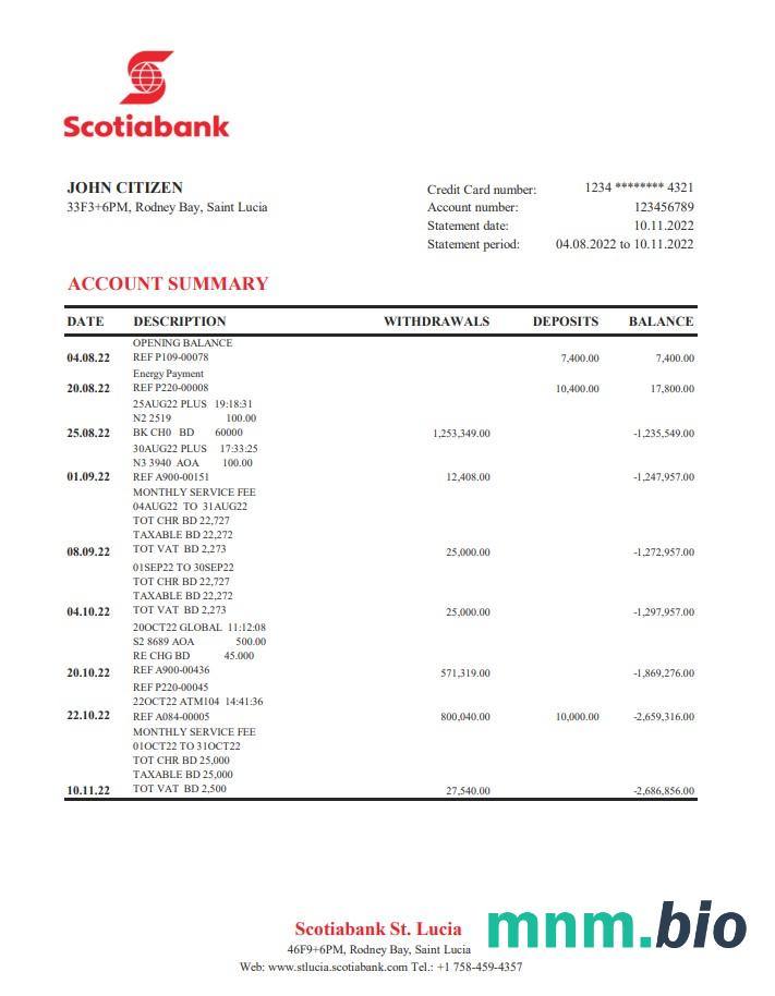 Szablon wyciągu bankowego Saint Lucia Loyal w programie Word i PDF